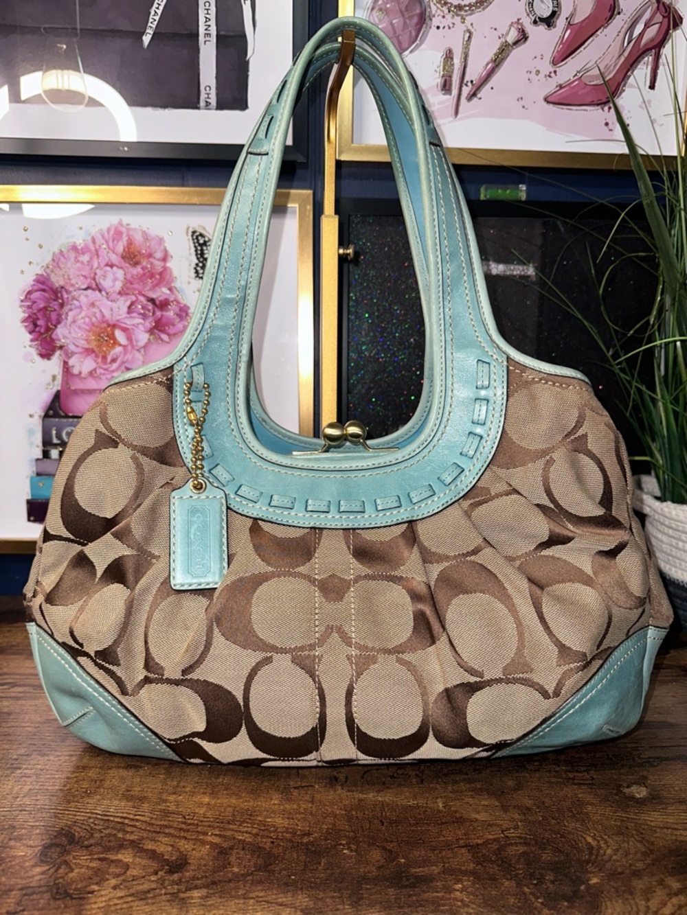 👜 Vintage Coach Ergo Kisslock Satchel | Brown Signature & Blue Trim | Y2K Icon 💙